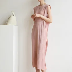 Boutique MIYAKE Style High end fashion trend pleats show slimming and slimming temperament lace up mid length dress [7655]