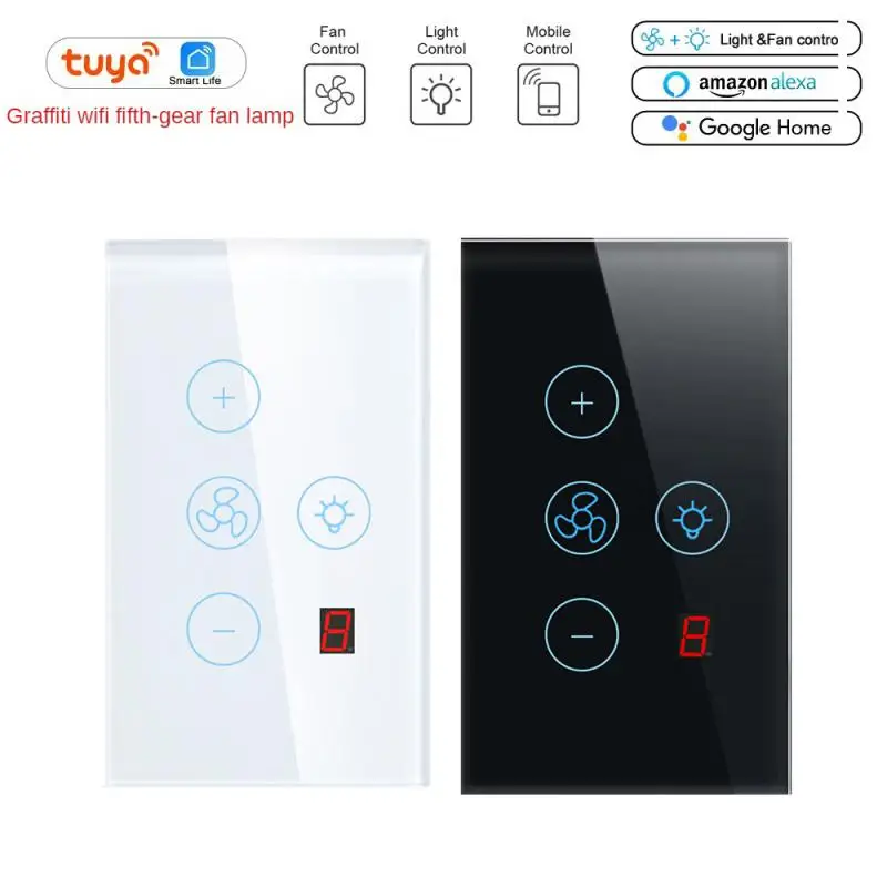 Tuya Wifi / Zigbee Five-speed Fan Light Switch Thyristor Speed Adjustment Touch Panel Switch Remote Control Alexa Google Home