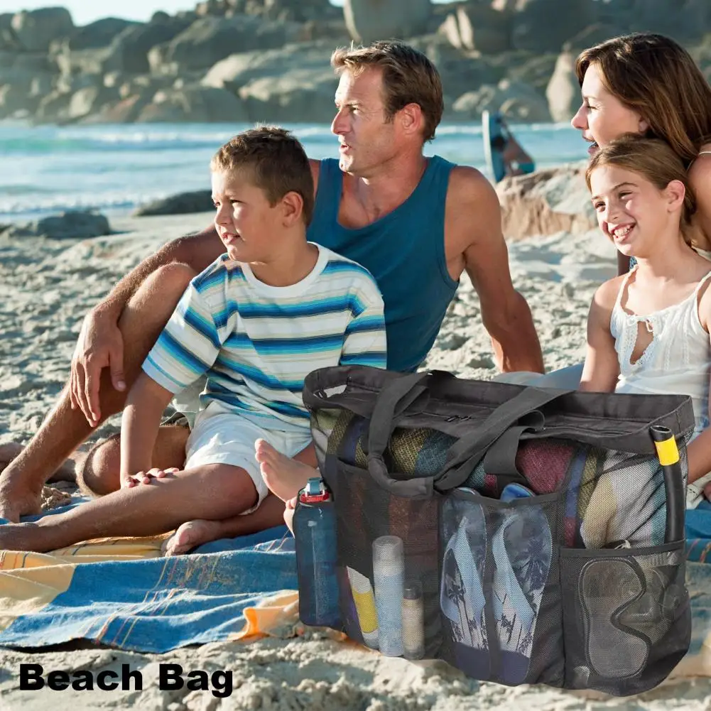 Soft Durable Shoulder Pack Capacity Beach Bag with Multi Pockets Tear-resistant Mesh Design Zipper Closure for Sandals