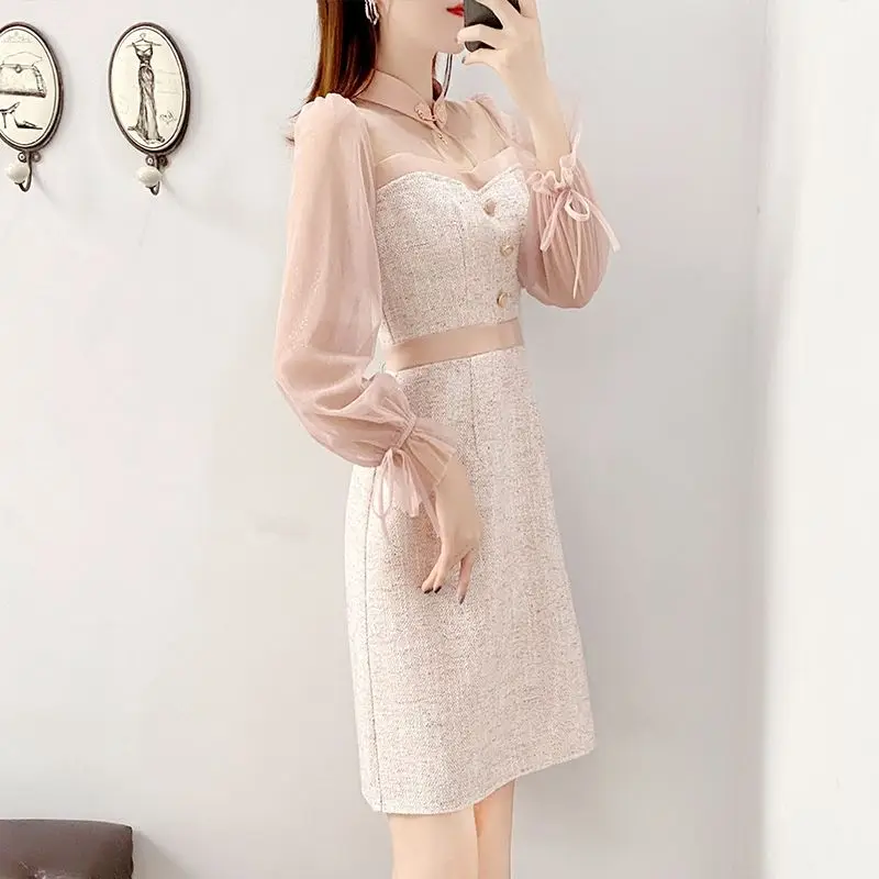 Sweet Elegant Spring Autumn Dresses New Women's Bow Button Patchwork Korean Fashion Chic Long Sleeve Slim Mid-lengt A-line Dress