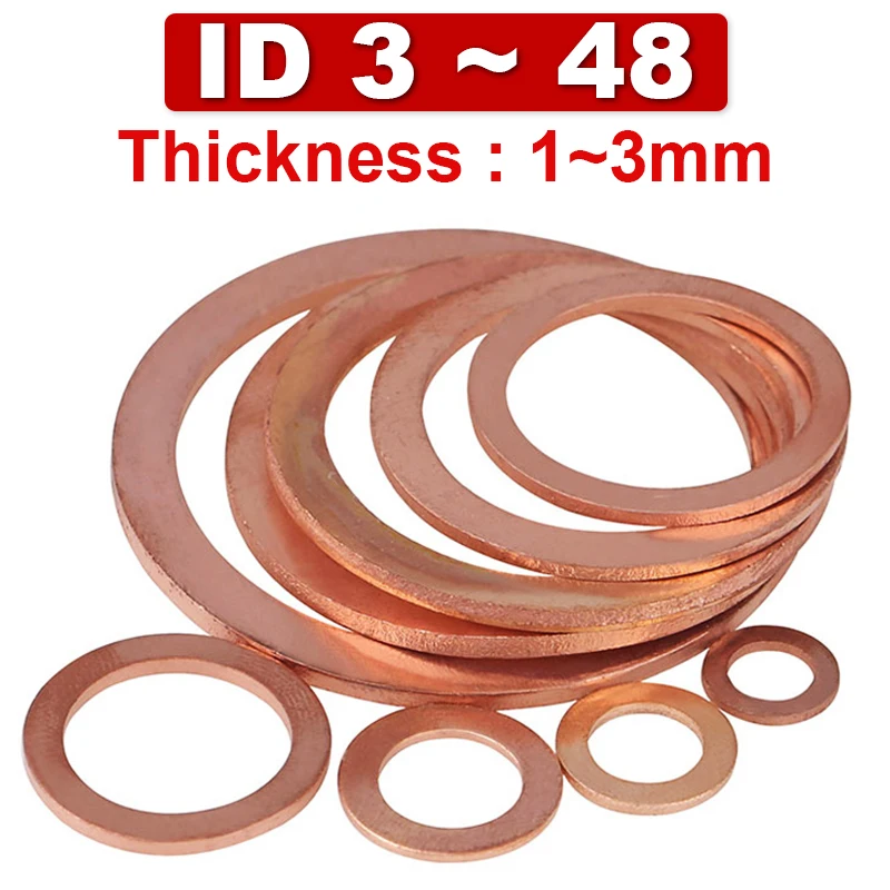 Copper Gasket Sealing Flat Gasket Thickness 1mm~3mm Gasket Inner Diameter Of Marine Vehicle Locomotive M3 M5 M6~m48 Pure Copper