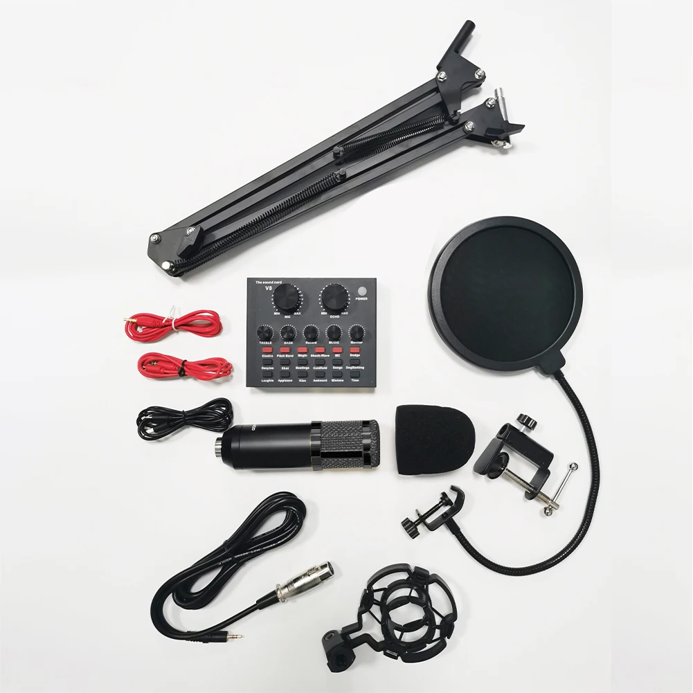 

Podcast Microphone Bundle with BM800 Microphone and V8 Sound Card Metal Shock Mount for Recording Broadcasting Live Streaming