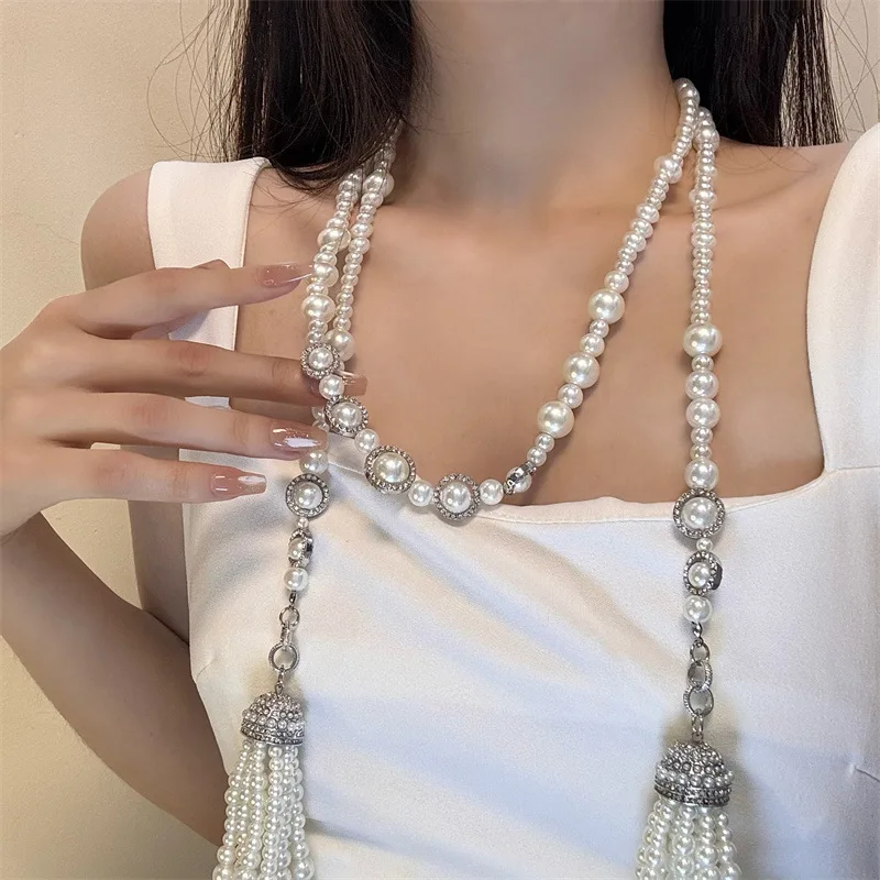 

Vintage Elegant Pearl Double Layer Necklace for Women Unique Design Chic Highend Look Sweater Chain Versatile Waist Chain