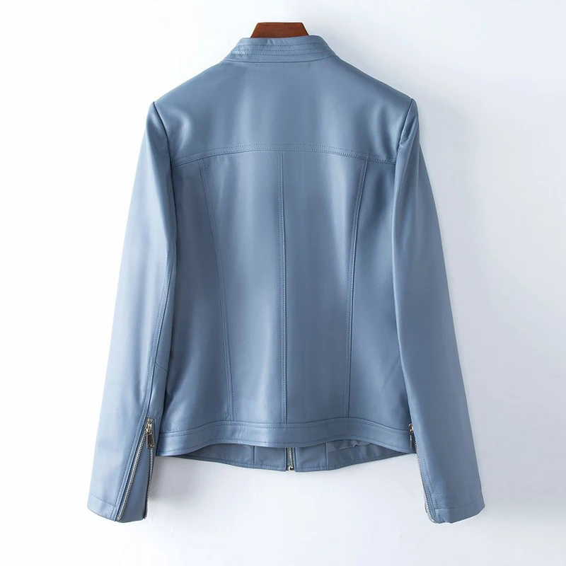 2024 New Blue Real Leather Casual Jackets for Women Fashion Stand Collar Zipper Female Loose Full Sleeve Sheepskin Jackets Tops