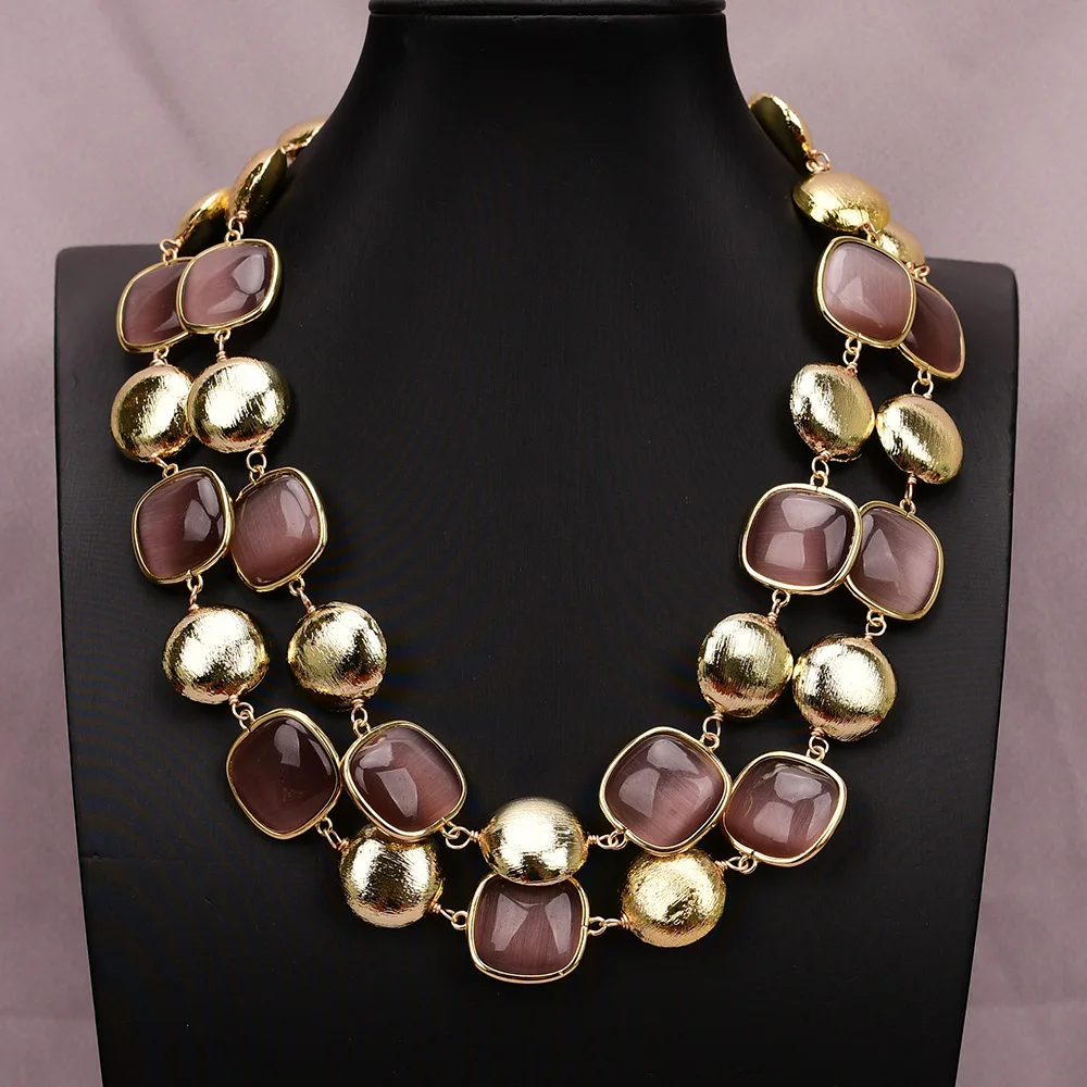 

GG 2 Strands Natural Purple Crystal Cat eye Connector Gold Plated Coin Shape Brushed Beads Handmade Necklace