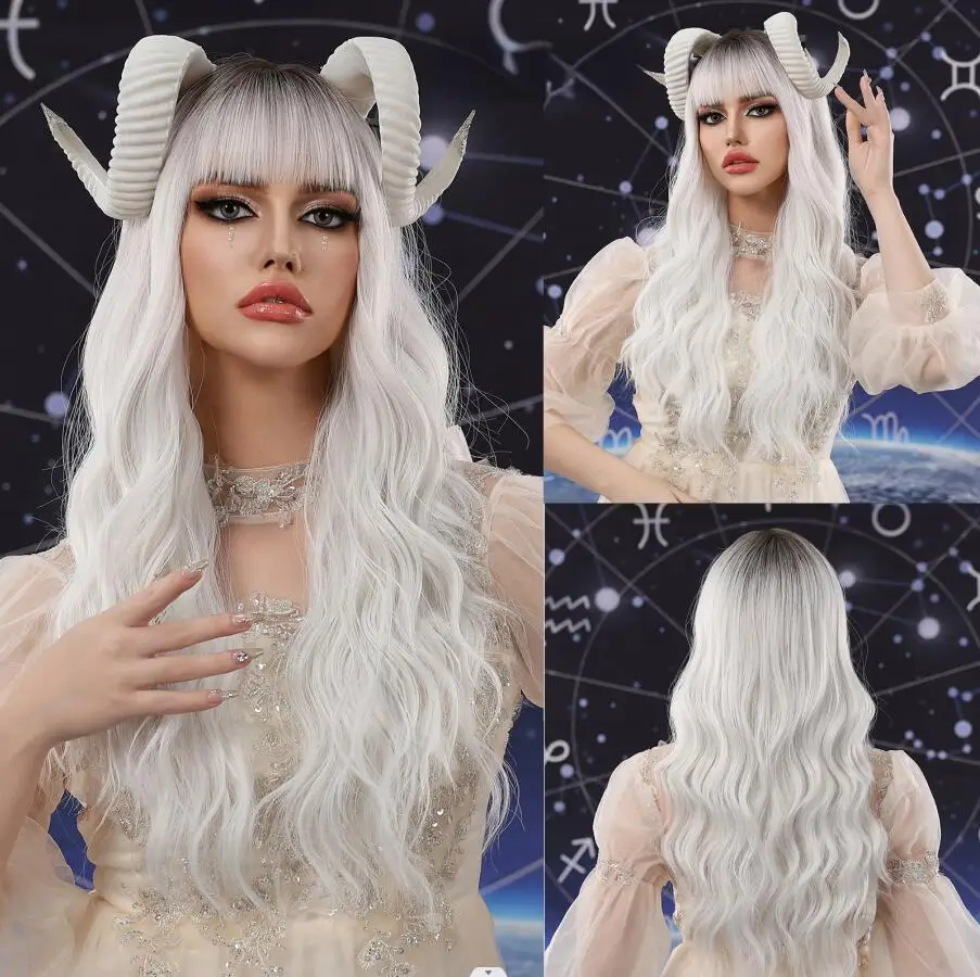 

HENRY MARGU Белый волнистый синтетический парик с челкой Длинные волнистые парики с темными корнями Женский косплей Рождественские искусственные волосы Термостойкие