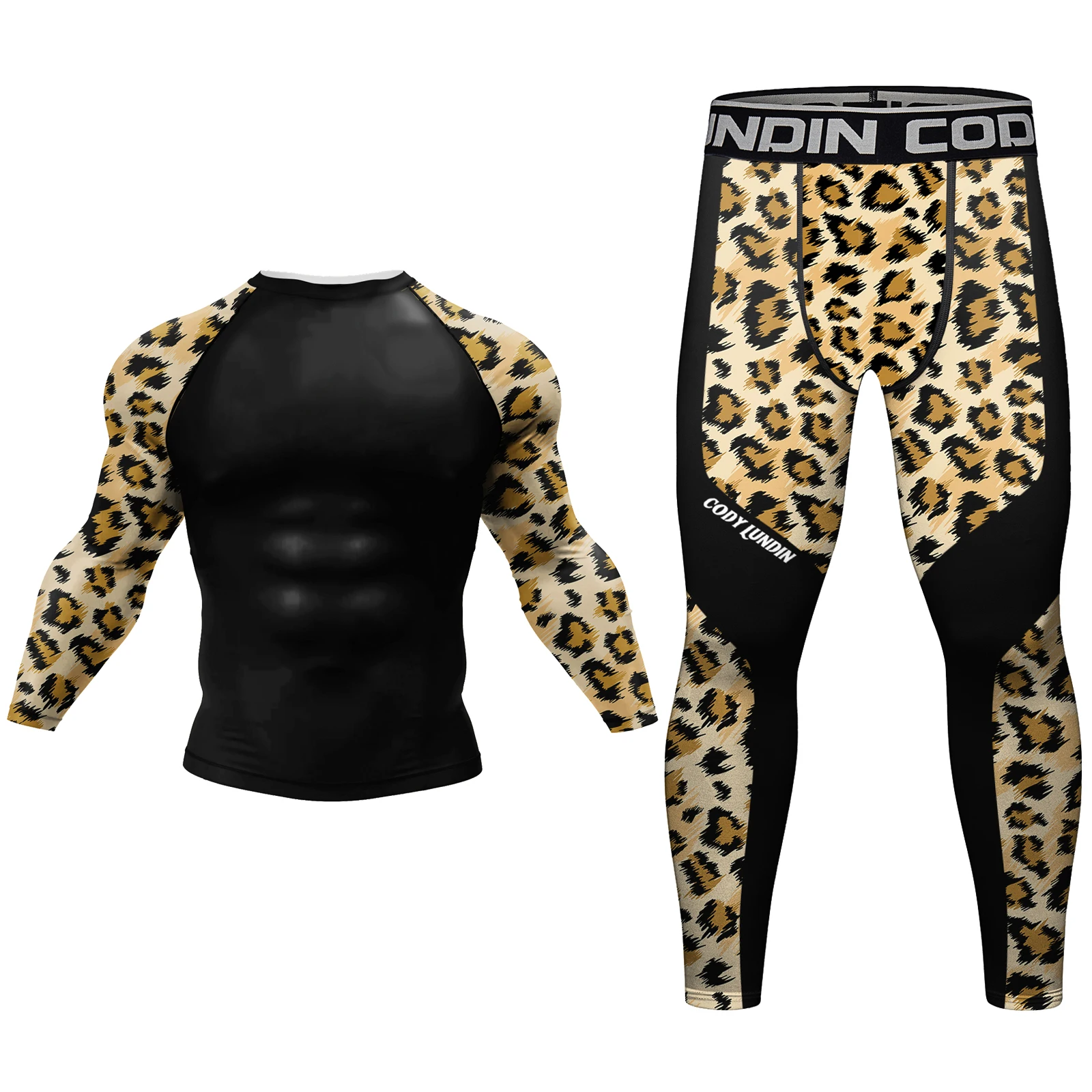 Leopard print Fitness Men Sports Suit High Quality Compression Masculine Rash Guard Shirt Boxing Grappling Gym Shorts 4Piece