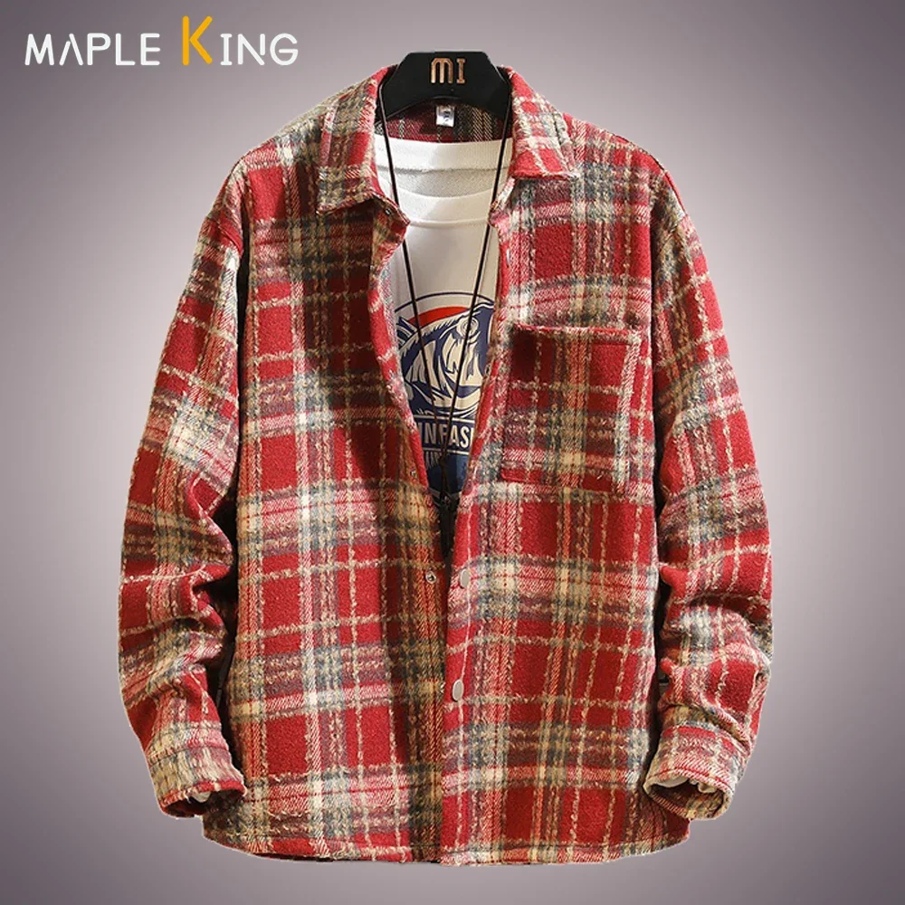 

Long Sleeved Thicken Men Oversized Shirt Jacket Autumn Spring Plaid Printed Button Down Loose Unisex Shirts Hip Hop Streetwear