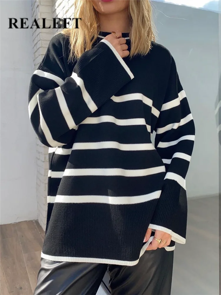 REALEFT Autumn Winter Elegant Striped Oversize Women\'s Sweater 2023 New O-Neck Long Sleeve Casual Loose Knitwear Sweaters Female