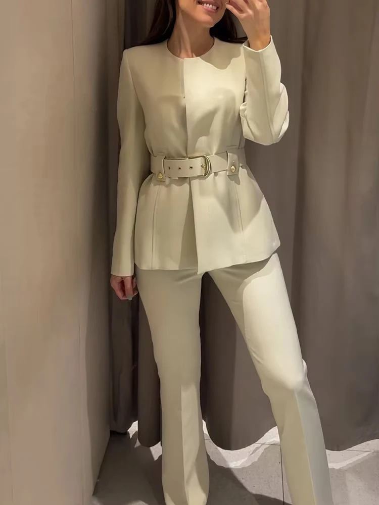 

HH Women Crew Neck Fashion Long Sleeve Button With Belt Suit Jacket+Pockets Zipper High Waist Slim Pants Solid 2-Piece Set