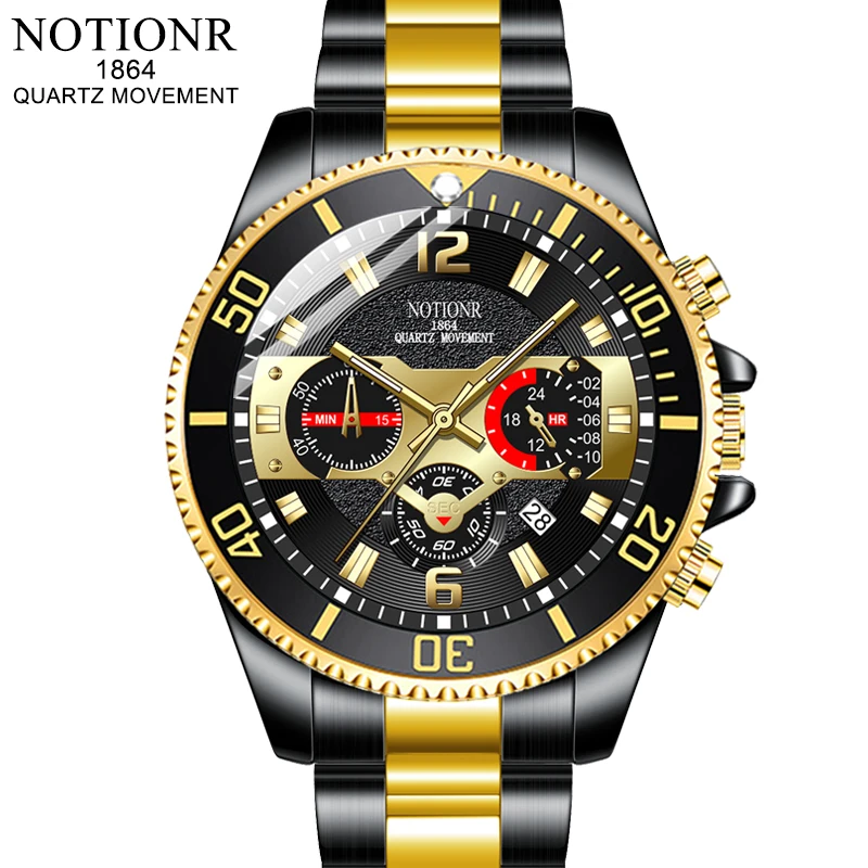 

NOTIONR Fashion Mens Watches Luxury Men Gold Stainless Steel Quartz Watch Man Business Luminous Clock relogio masculino