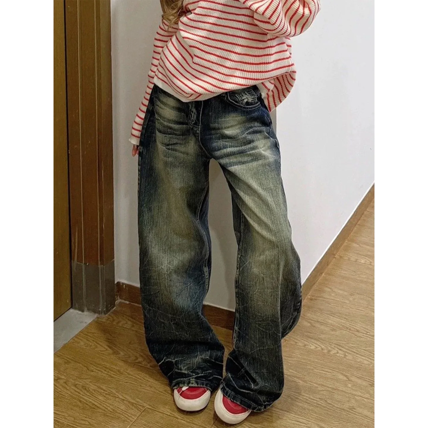 

Y2K Curved Jeans American Retro Washed Distressed Dirty Dyed Summer High Street Loose Casual Pants