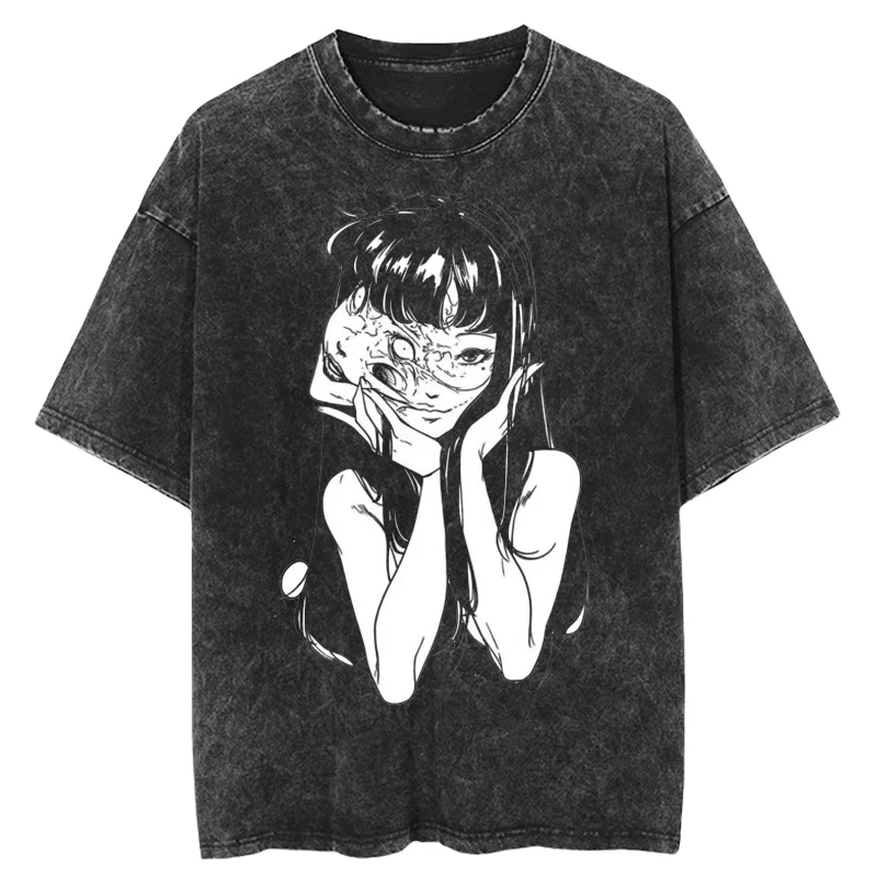 Tomie Junji Ito Retro Washed Antique Short-Sleeved T-Shirt Men's Trendy Brand Japanese High Street Hip-Hop Shirt