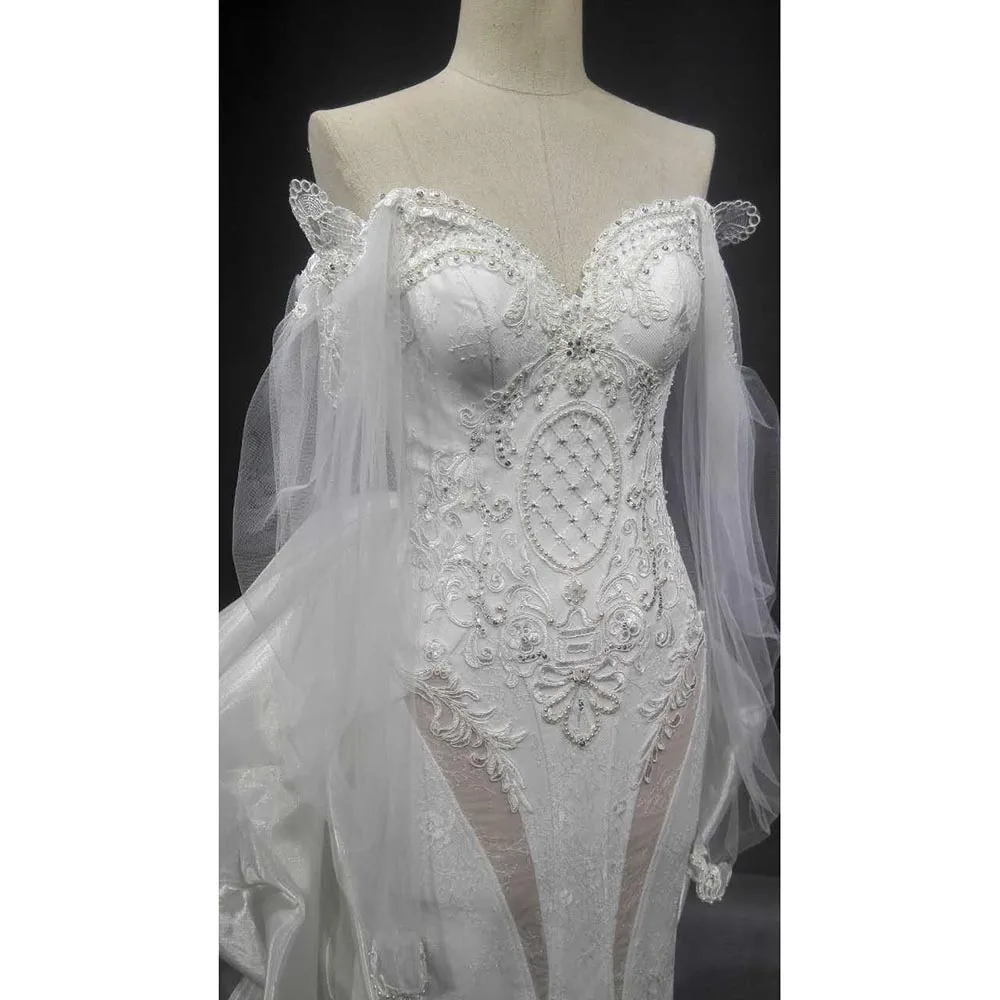 Vestidos de sirena formales, vestido de noche blanco elegante, escote Corazón, mangas abullonadas, apliques de encaje, perlas, largo hasta el suelo, fiesta de graduación