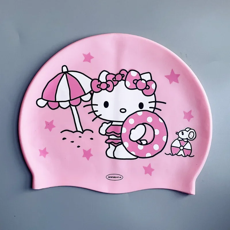 Sanrio Hello Kitty Swimming Caps Cartoon Diving Hat Kid High Elastic Waterproof Silicone Ear Long Hair Protection Swim Pool Cap