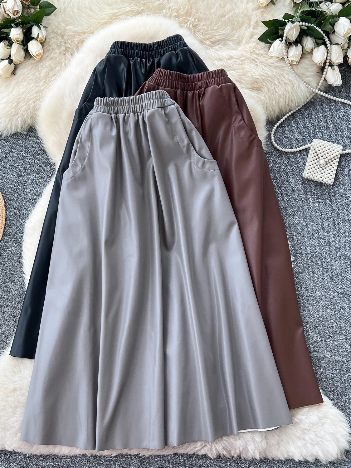

Korean Sle High Waist A-Line Leather Skirt Women's Mid-Length f Skirt Elastic Waist Slimming Versatile Ci Commute Skirt