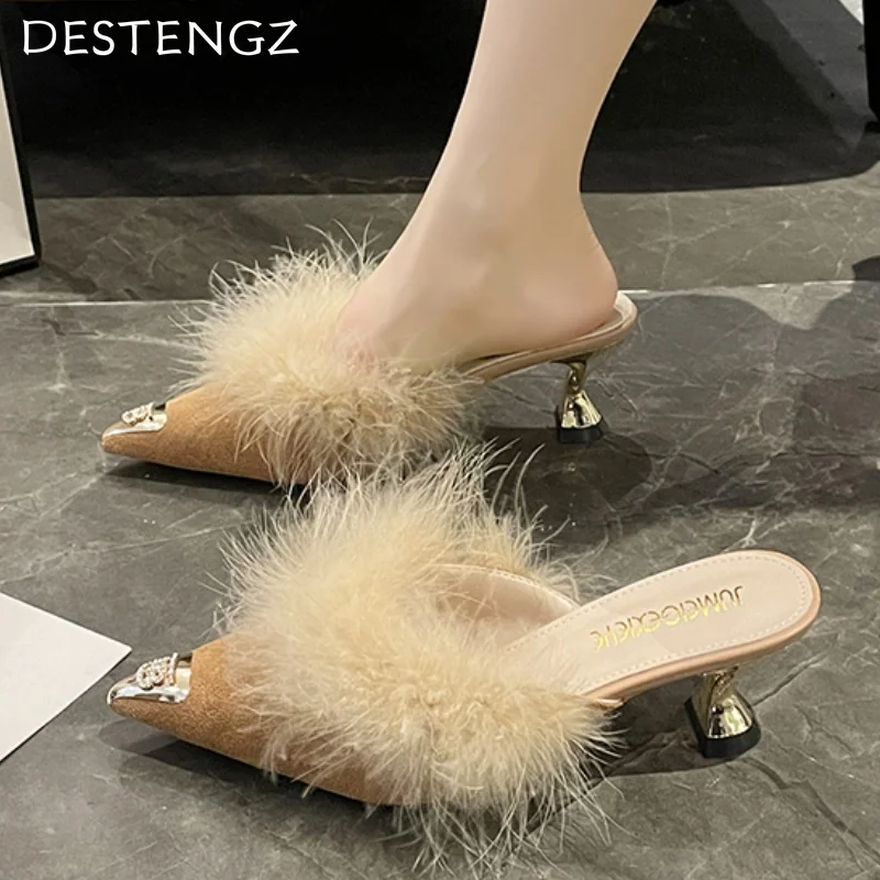 Fur Women Pointed Toe Shoes Slippers Suede Chunky Mid Heels Slides Shoes Plush Woman 2025 Spring Trend Fashion Cozy Zapatillas