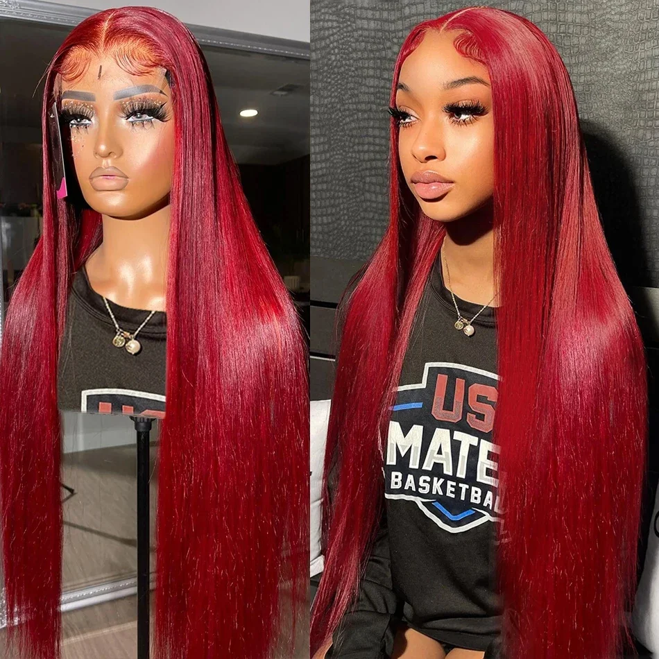 30 Inch Burgundy 13x4 Lace Frontal Human Hair Wig Straight Red 4x4 Closure Wig For Women Bleached Pre Plucked 99J Colored Wig