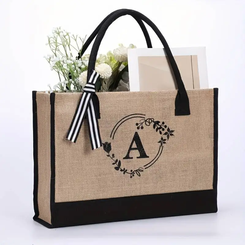 

Large Capacity Yellow Linen Handbag Simple Letter Single Shoulder Bag Shopping Bag Handheld Gift Bag Urban Minimalist Style
