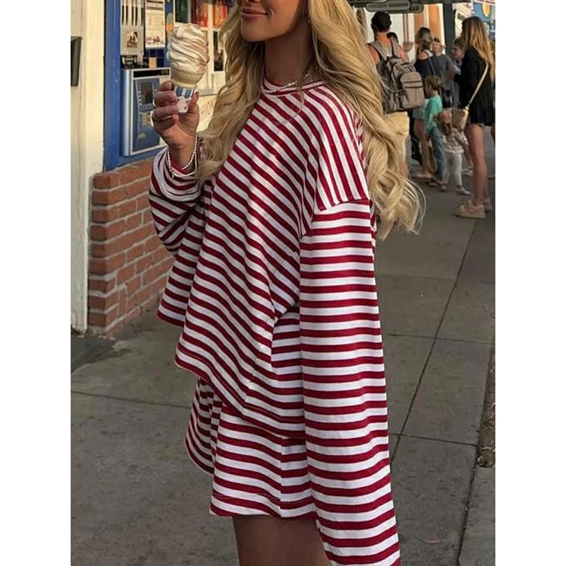 

Combhasaki женский комплект одежды из 2 предметов в полоску Y2k, повседневная рубашка с длинными рукавами и круглым вырезом, топы + широкие шорты с эластичной резинкой на талии, спортивные костюмы