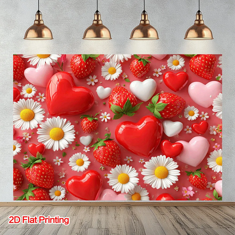 Sweet Romantic Heart Strawberry Floral Daisies Wall Mural Tapestry Print Perfect Love Decor Valentines Day Nursery Room Art