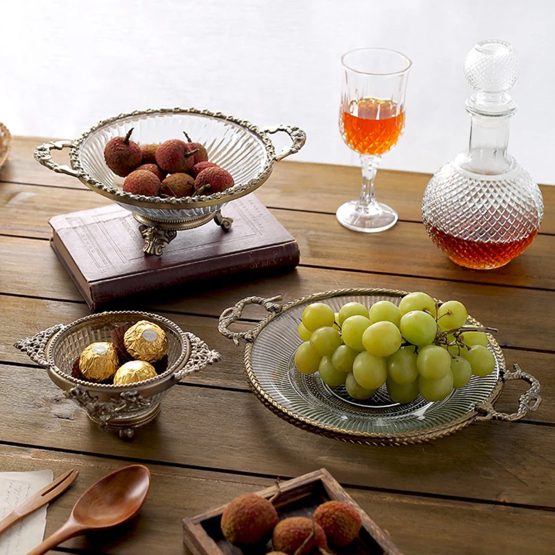Brass Glass Fruit Tray and Bowl European Retro Home Storage Decoration Ornaments Household Tea Table Fruit Basket
