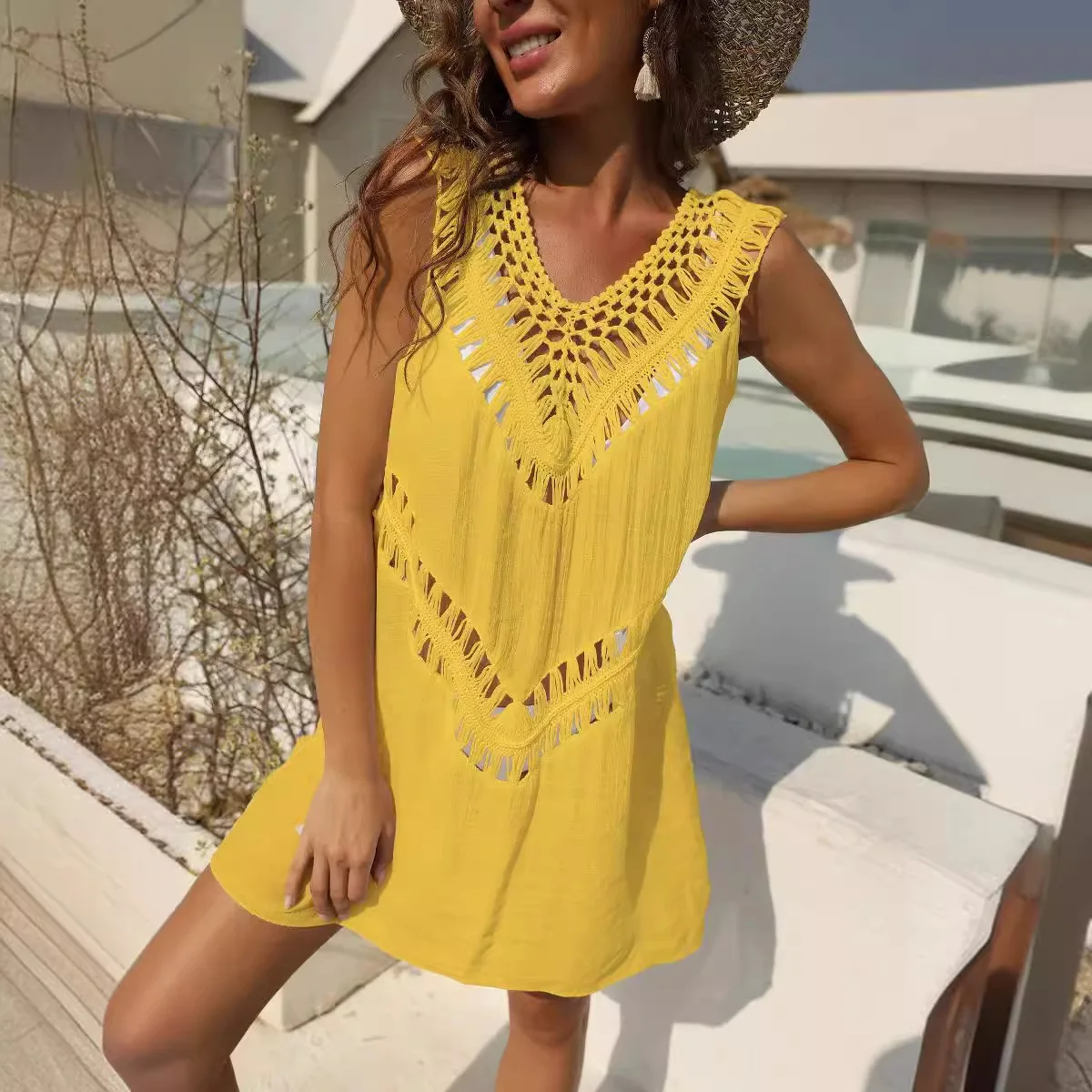 Vestido veraniego de ganchillo con cuello en V para mujer, vestido playero de Bikini hecho a mano con ribete de encaje, traje de baño bohemio elegante para vacaciones