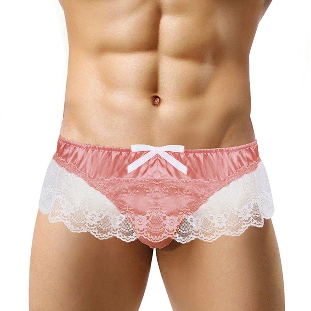 Mens Sissy Panties Shiny Soft Satin Lingerie Double Layers Floral Lace Back Bowknot Low Rise Bikini Thong Underwear Male Briefs