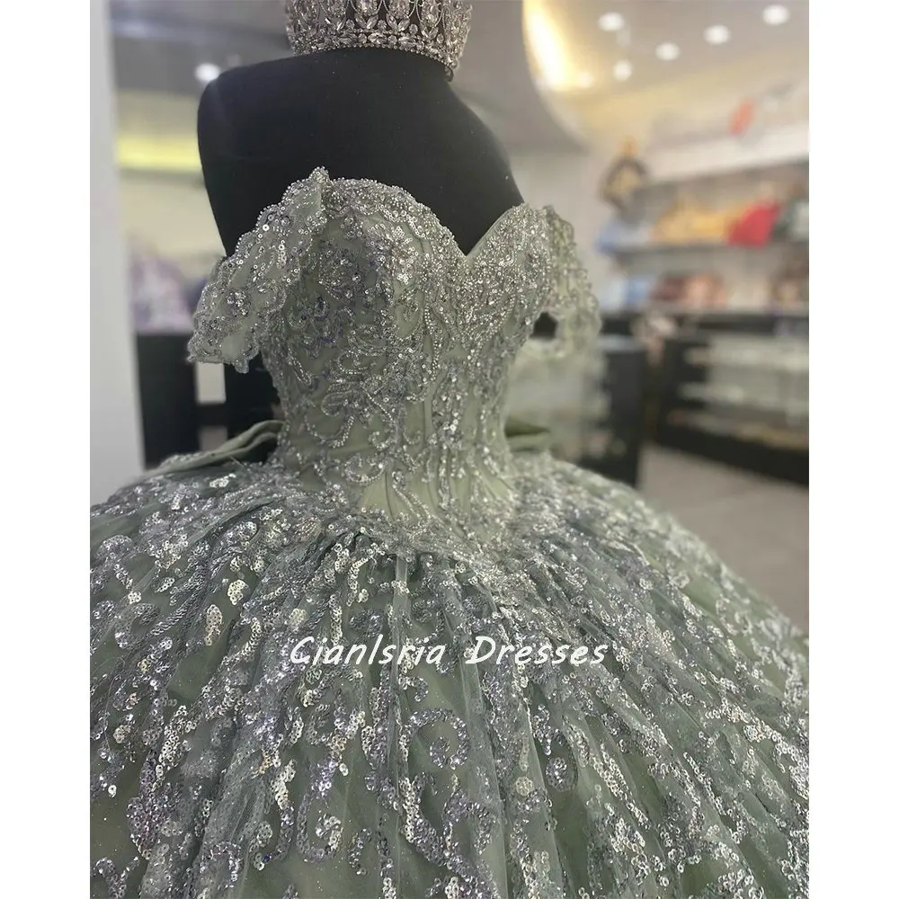 Mint Groene Glitter Lovertjes Kralen Quinceanera Jurken Baljurk Uit De Schouder Boog Korset Zoete 15 Vestidos De Quinceañera