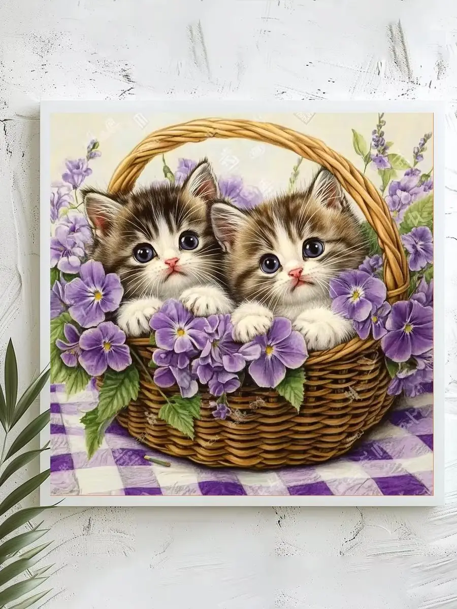 1 Stück 40x40 cm/15,74 Zoll, 11Ct/14Ct Kreuzstich-Set, DIY Valentinstagsgeschenk, Stickerei-Set für Festlichkeiten, Kätzchen im Blumenkorb – Detail 1