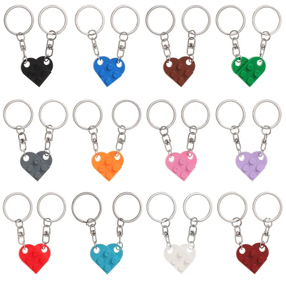 2Pcs Cute Love Heart Brick Keychain for Couples Friendship Women Men Girl Boy Lego Elements Key Ring Birthday Jewelry Gift