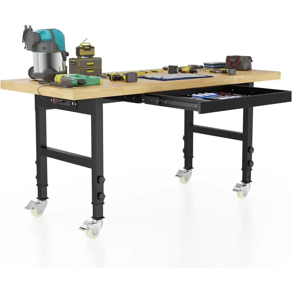 

60'' Adjustable Workbench, Metal Work Bench Table with Wheels and Power Outlet, Rolling Workbench with Drawers