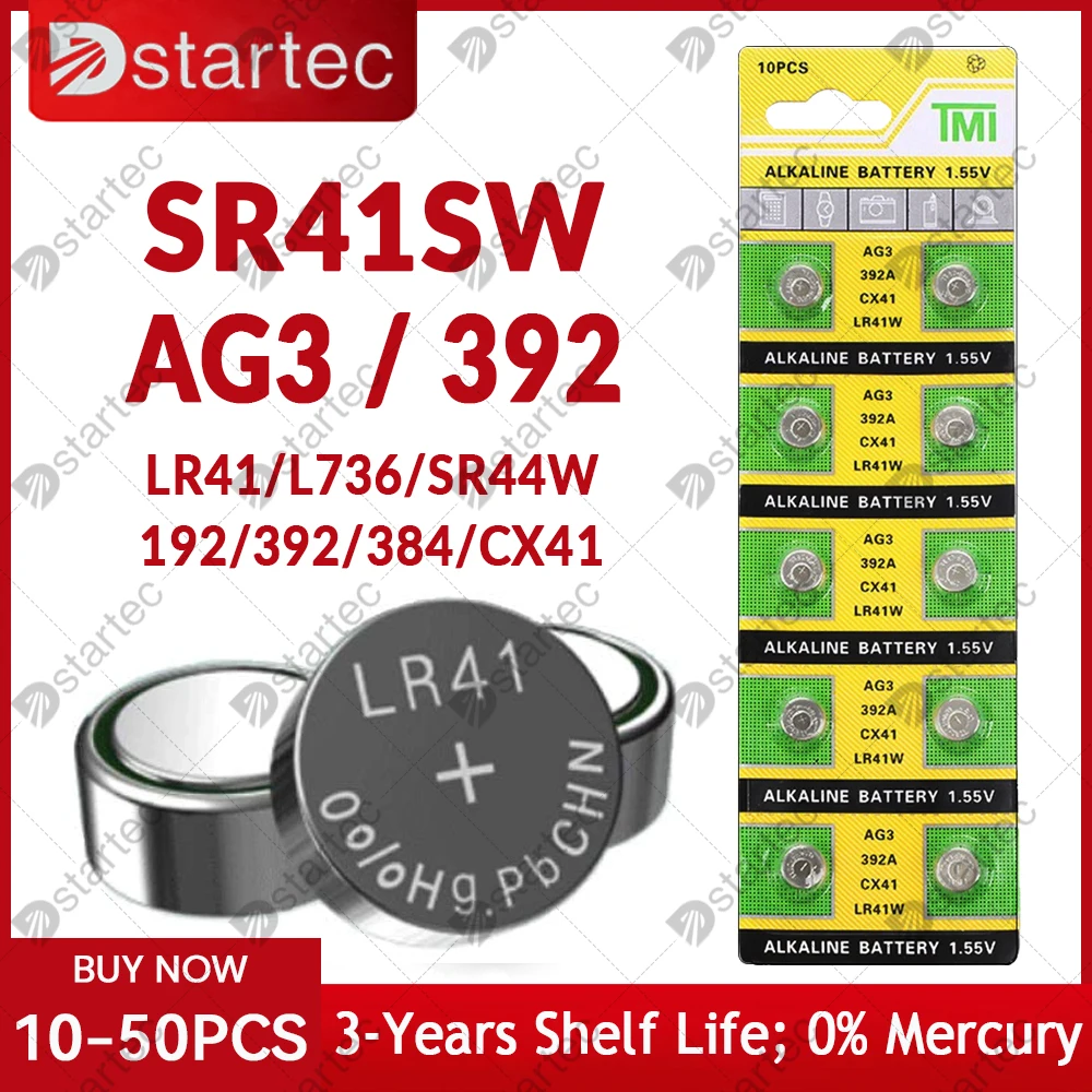 

10-50PCS 1.55V AG3 LR41 Button Batteries SR41 392 192 Round Cell Coin Alkaline Battery L736 384 SR41SW CX41 For Watch Toys Clock