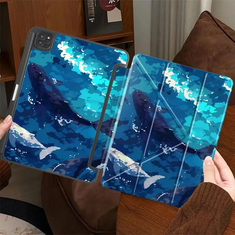 

Чехол для планшета iPad Air 4 5 M3 M2 M4 11 дюймов, Mini 6 7 Pro 2025, Pro 11th 10th 9th 8th 7th 12.9 дюймов, с держателем, мультяшный дизайн, океанский принт