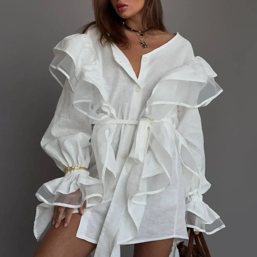 

Design Ruffle Irregular Dress with Lace-up Waist Bell Sleeve Solid Dress For Women Early Autumn New Style Chic Casual Dresses