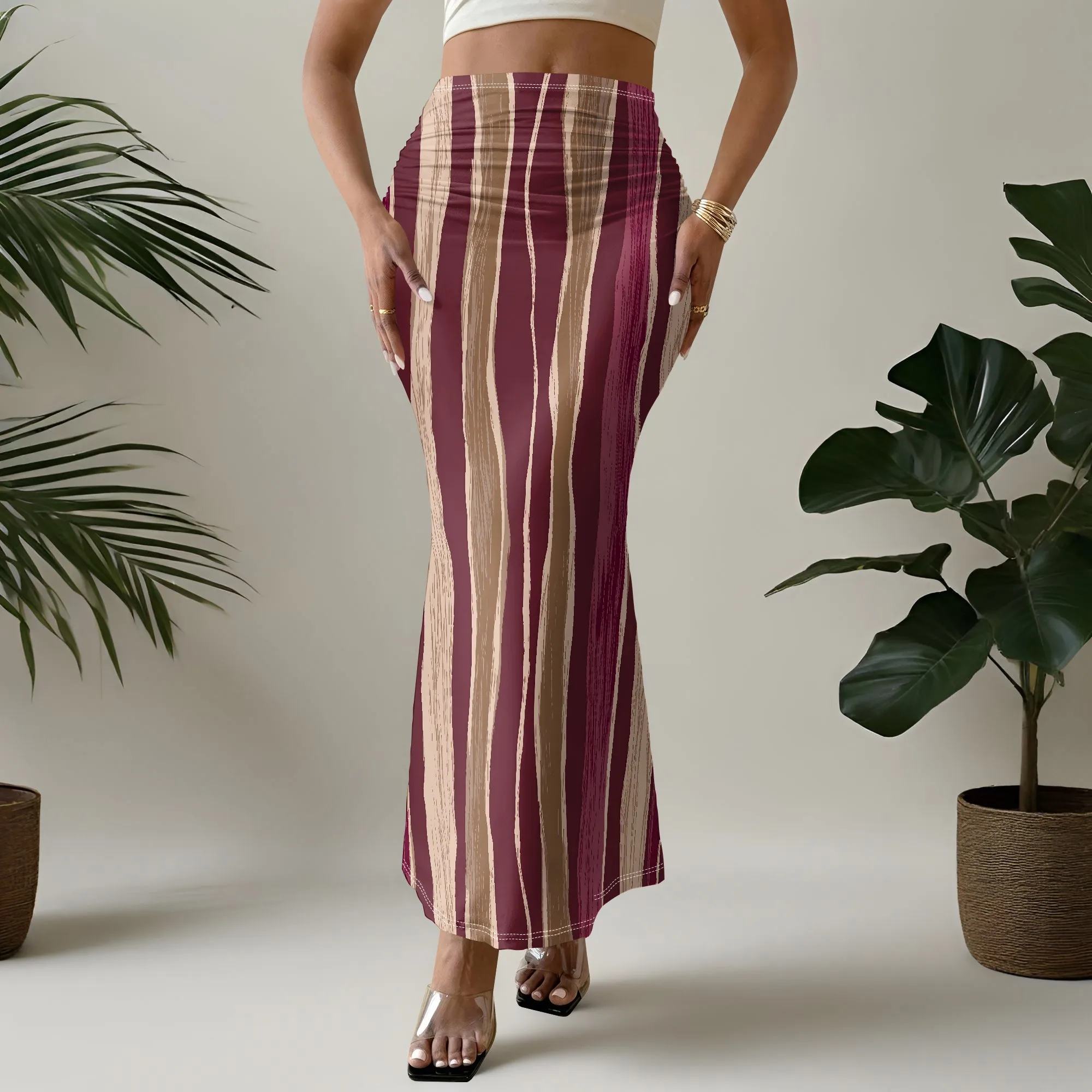 Striped Mermaid Skirt, Vintage Print Maxi Skirt, High Waist Ruched Skirt, Elegant Party Wear for Women, S-3XL