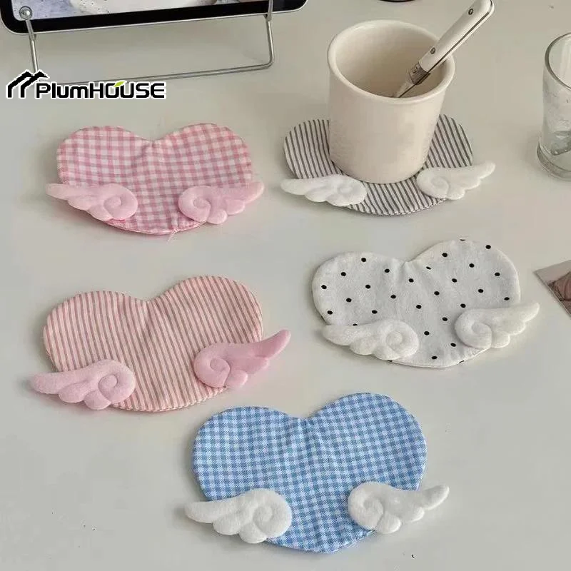 1Pcs Aesthetic Plaid Anti Scald Table Mat Sweet Girly Angel Wing Heart Coaster Cute Desk Decor Birthday Gift