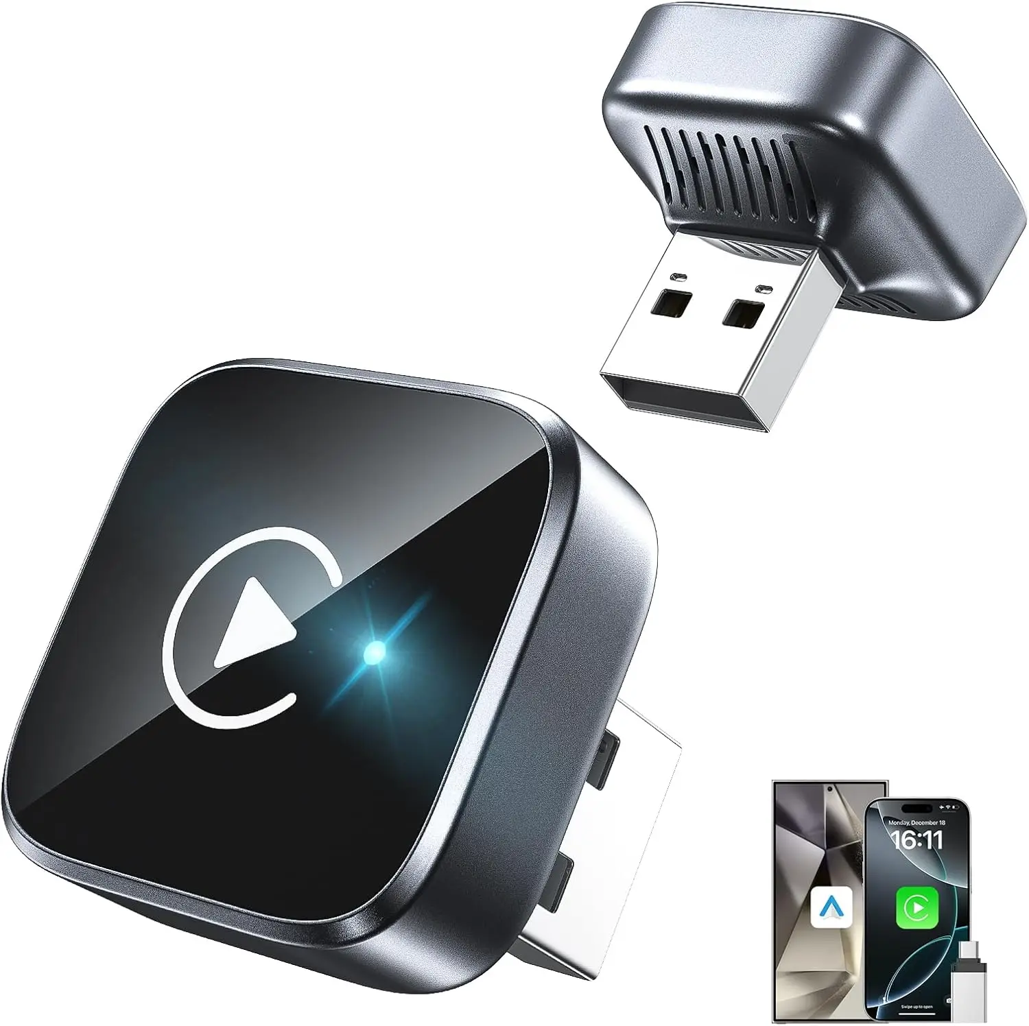 Wireless CarPlay Adapter & Android Auto Dongle, Shiny Silver，Fast Auto-Connect, Compact Plug & Play Wireless CarPlay Converter f