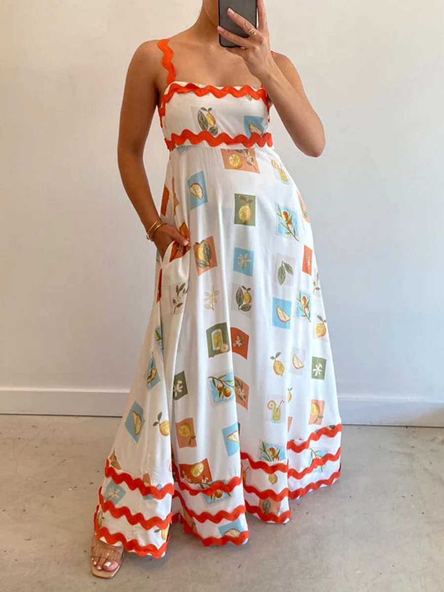 Robe longue à imprimé vintage pour femmes, style Boho, dos nu, fluide, smockée, trapèze, mi-longue, été 2024