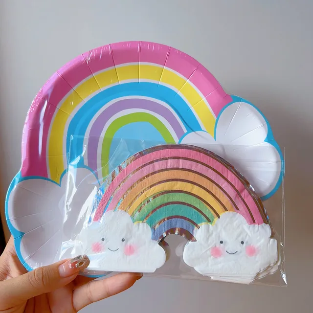 Tęczowa jednorazowa zastawa stołowa Papierowe talerze Kubki Serwetka Unicornio Dekoracje na przyjęcie urodzinowe Tęczowy motyw Materiały urodzinowe dla dziewczynek
