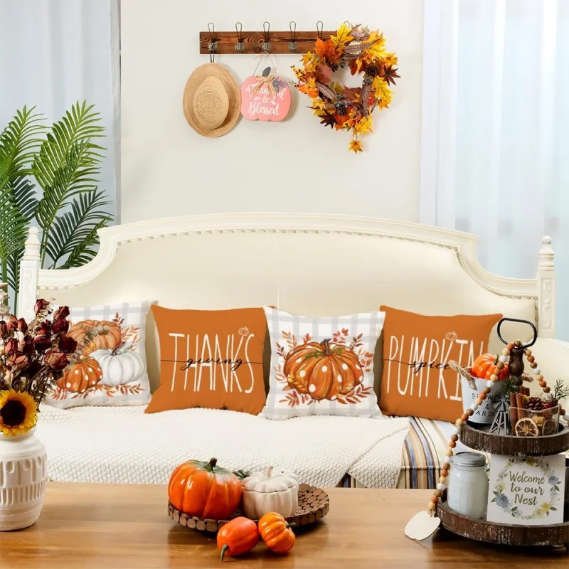 4 Pillow Sets Thanksgiving Pumpkin Spice Leaves Autumn Decoration Outdoor Farmhouse Plaid Home Sofa