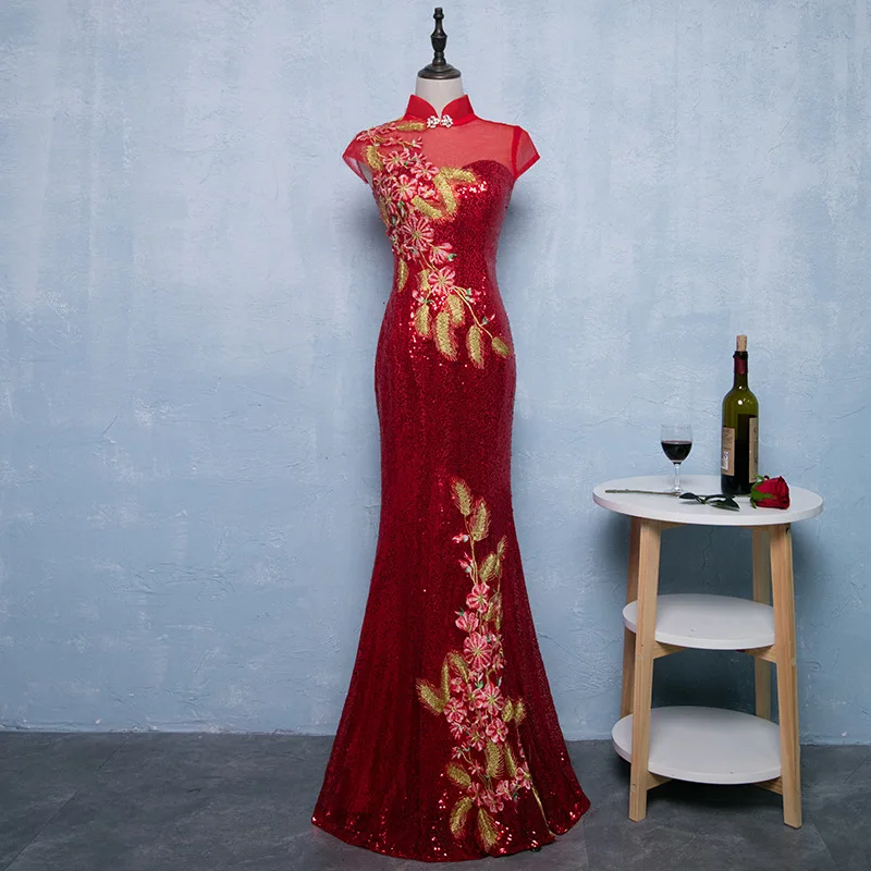 

Sexy Mermaid Sequin Evening Party Dress Chinese Style Lady Banquet Dress Qipao Long Cheongsam Exquisite Applique Vestidos 3XL