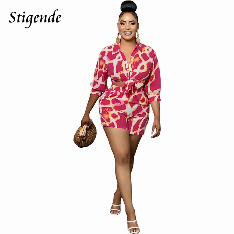 Stigende Pink Leopard Print Two Piece Set Women Summer Sets Outfits Tie Front Button Crop Top Pocket Shorts