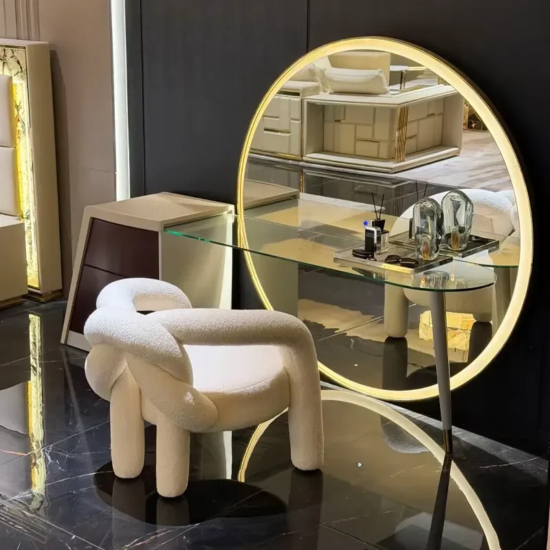 Makeup Table With LED Lighted Round Mirror Tempered Glass,Wood Veneer Storage Cabinet Modern Dressing Table Bedroom