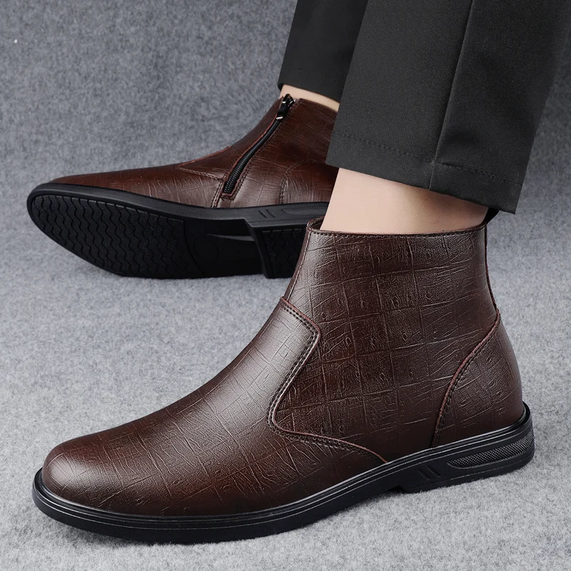 Luxury Brand Leather Men Chelsea Boots Genuine Leather Winter Plush Ankle Boots High Quality Business British Style Casual Boots