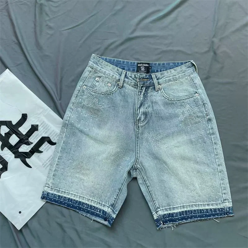 

Мужские джинсы American High Street MIXED EMOTION, потертые синие джинсовые шорты большого размера с принтом Hot Drill