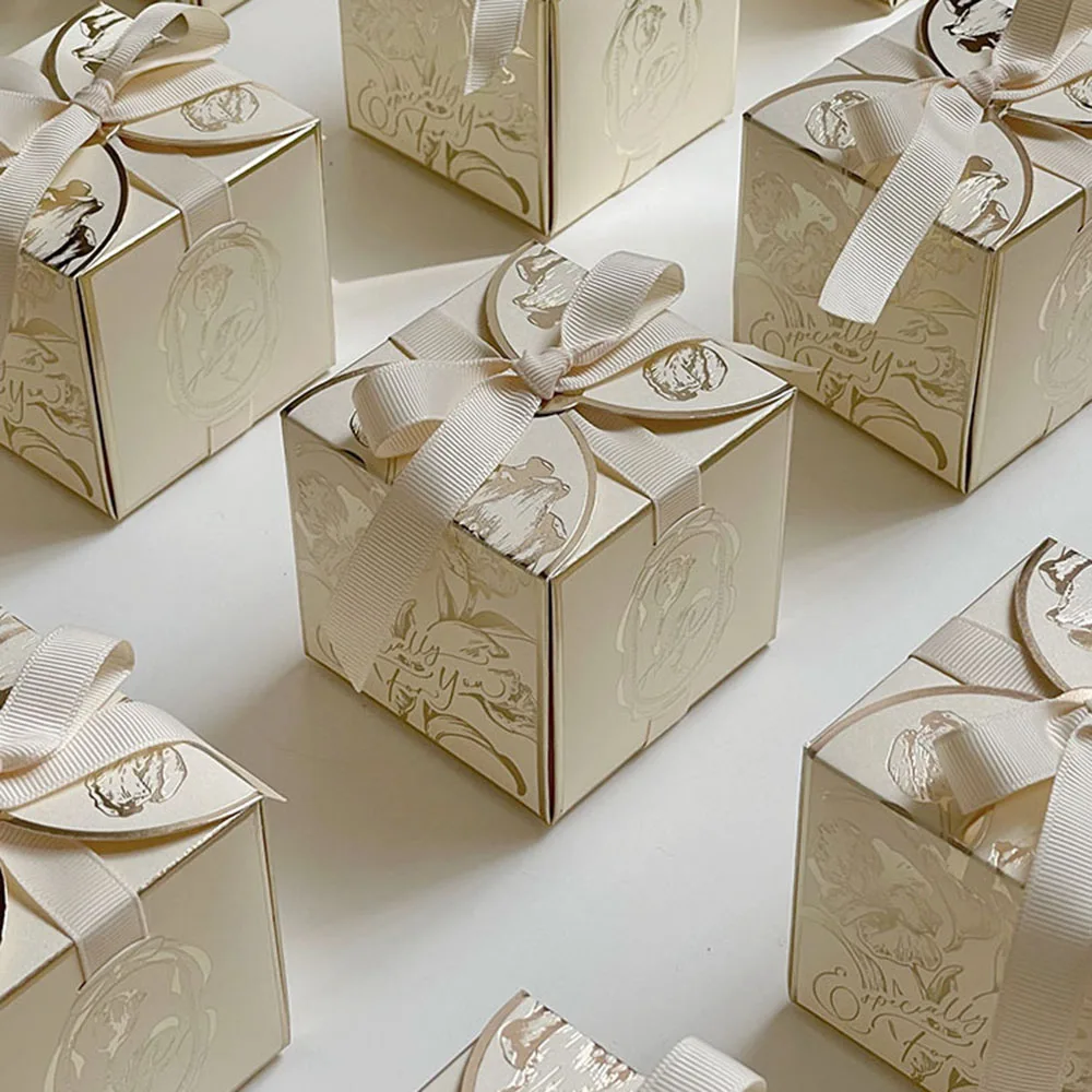 10-100pcs/lot French Sugar Box Light Luxury Golden Candy Champagne Color Wedding Candy Box Wedding Accompanying Paper Gift Box