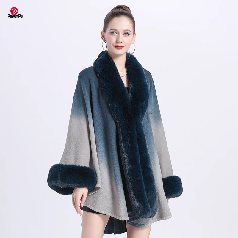 

Модное вязаное пальто из искусственного кроличьего меха с градиентом цвета, накидка, свободный кардиган с крыльями летучей мыши, женское осенне-зимнее длинное пончо, дорожный вечерние плащ