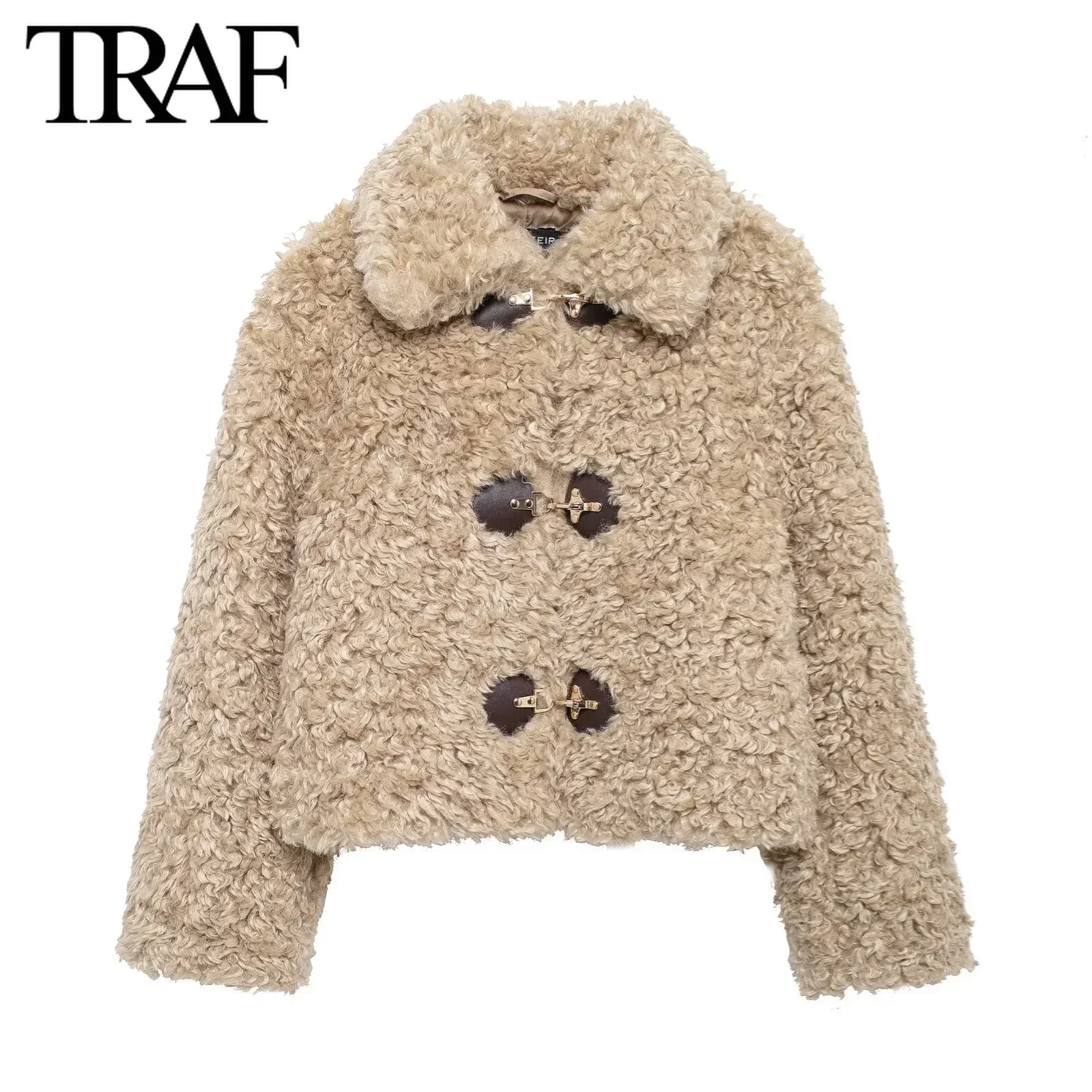 TRAF Fleece Jacket for Women Fashion 2024 Autumn Winter New Knot Long Sleeve Single Breasted Lapel Chic Ladies Tops Mujer