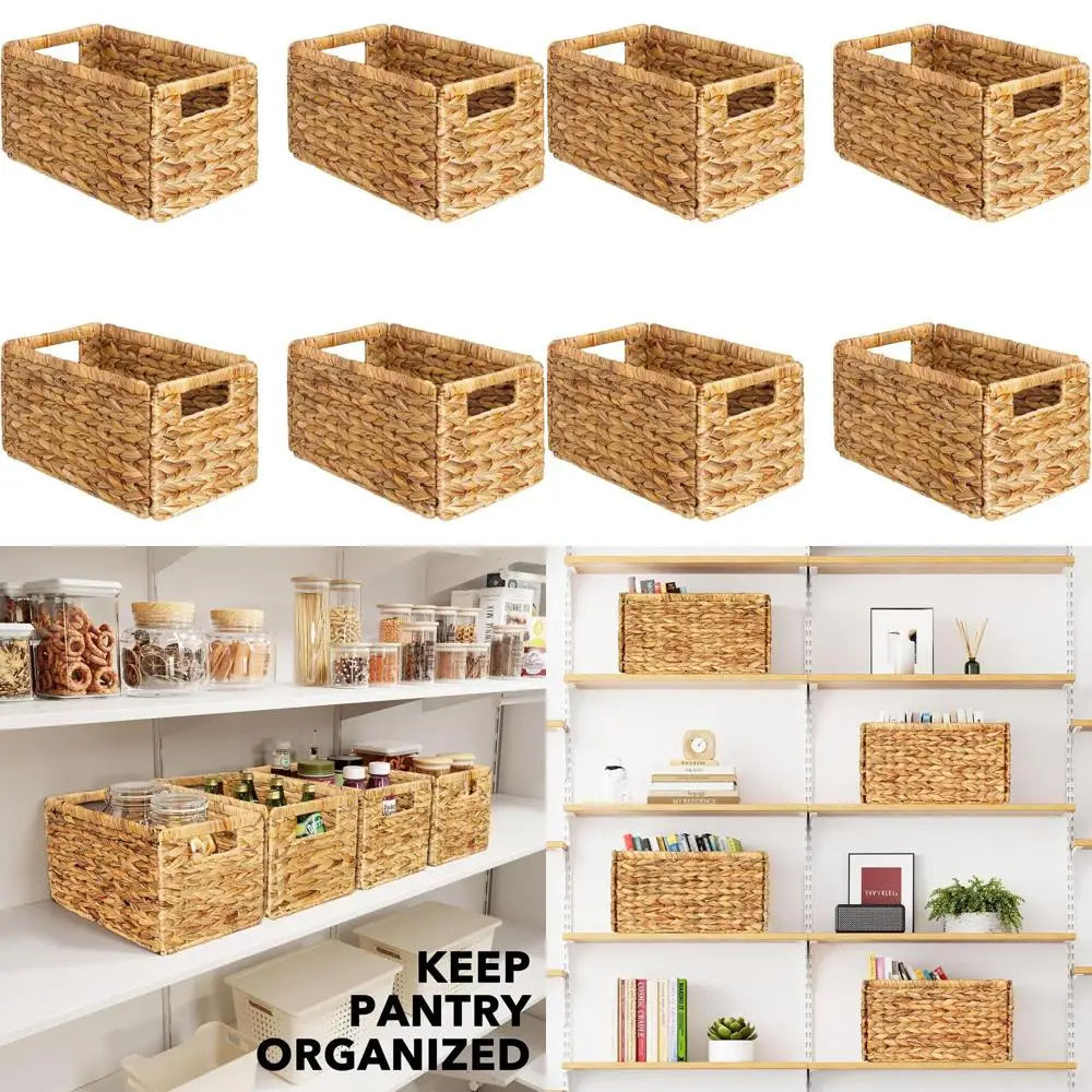

Large Natural Wicker Storage Baskets, 13x8.2x7 inches, Cube Organizer with Handles for Shelves